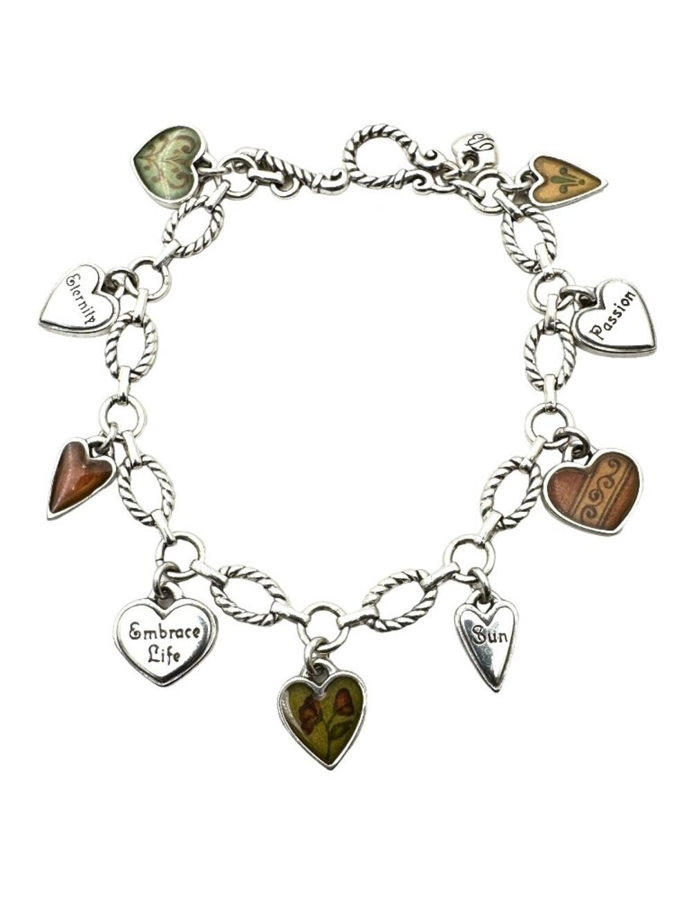 Brighton Bracelet Silver Plated Hearts Embrace Life Silver Charms 8 Inch